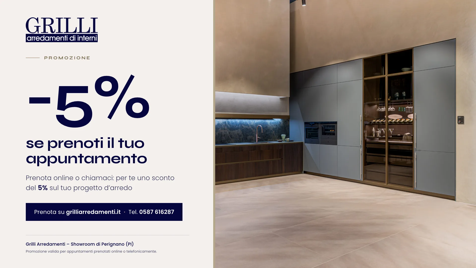 Promozione Grilli Arredamenti: sconto del 5% se prenoti il tuo appuntamento online o per telefono